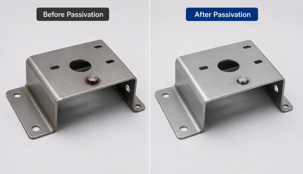 Before-and-after comparison of a SUS304 stainless steel stamped bracket, showing light surface oxidation and weld heat tint before passivation, and a cleaner, more uniform corrosion-resistant finish after passivation.