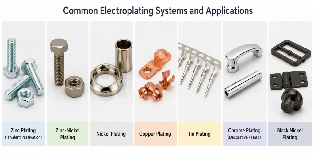 A horizontal comparison of common electroplating systems including zinc plating, zinc-nickel plating, nickel plating, copper plating, tin plating, chrome plating, and black nickel plating, shown through representative metal parts with distinct surface finishes.