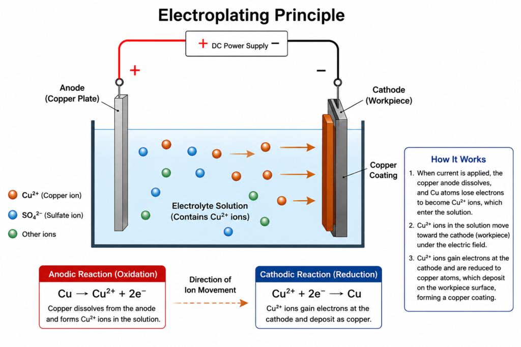 Electroplating principle diagram showing a DC power supply connected to a copper anode and metal workpiece cathode in an electrolyte solution. Copper ions move through the solution toward the cathode, gain electrons, and deposit as a copper coating on the workpiece surface.