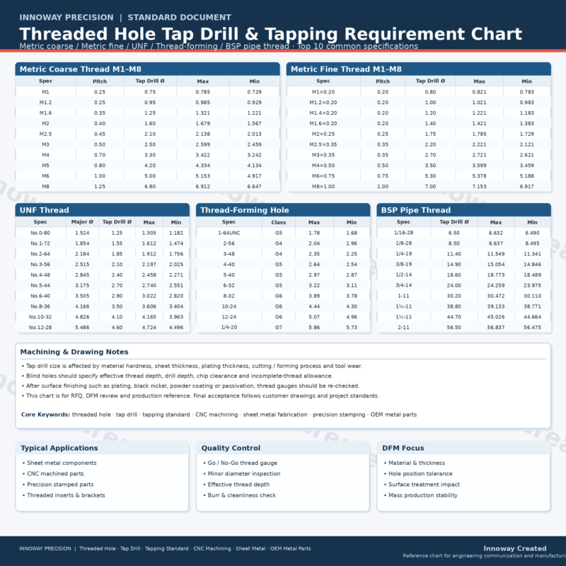 Tapped Threads Chart Threaded Hole Tapping Standard for OEM Metal Parts Manufacturing