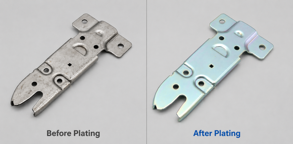 Side-by-side comparison of a stamped metal bracket before and after zinc electroplating on a light gray background.