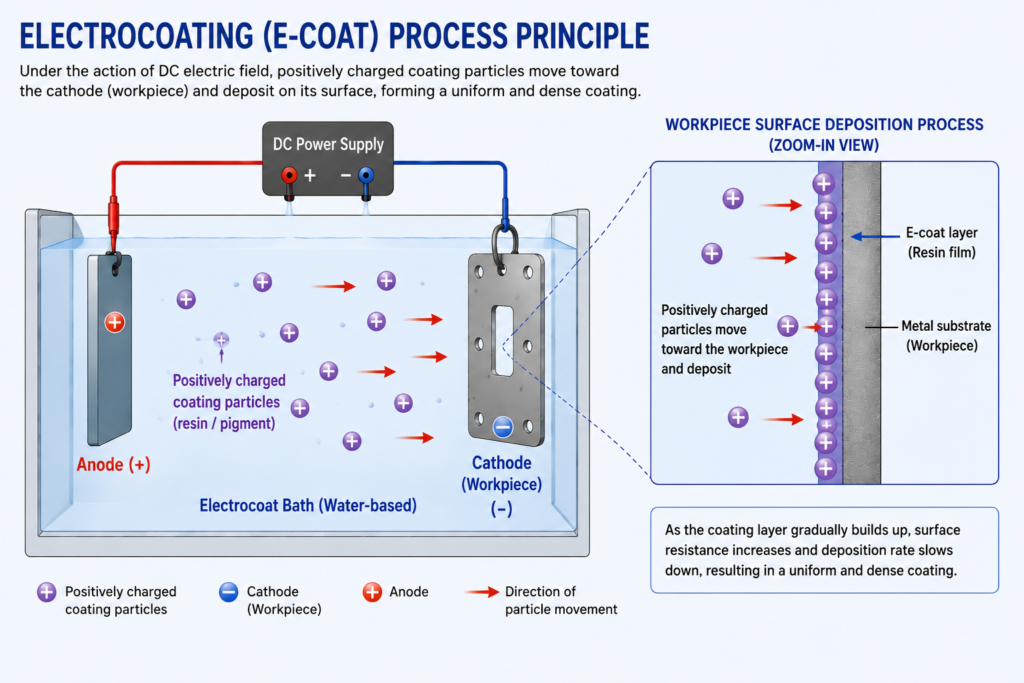 Cathodic electrophoretic coating process diagram for stamped metal parts and sheet metal