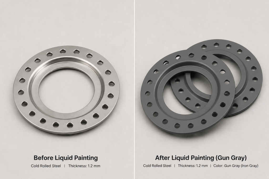 Before-and-after liquid painting comparison of a cold rolled steel perforated ring, showing raw metal and matte gun gray coated finishes.