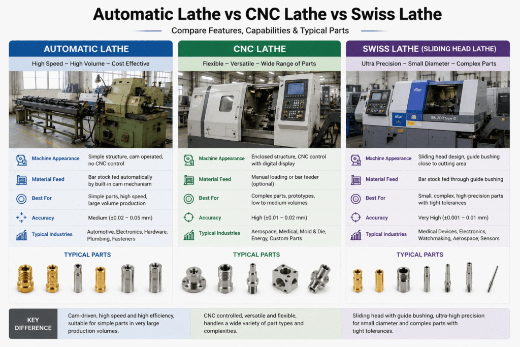 Automatic Lathe vs CNC Lathe vs Swiss Lathe comparison with typical turned parts for precision metal machining