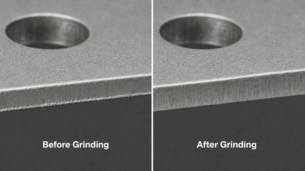 Close-up comparison of a stamped steel edge with a burr and the same edge after finishing Title: Stamped Edge Burr Removal Comparison