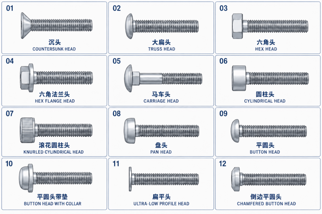 Comparison of 12 screw head types, including countersunk, truss, hex, flange, carriage, pan and button heads