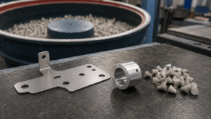 Finished sheet metal bracket and turned aluminum component displayed beside abrasive media in a workshop
