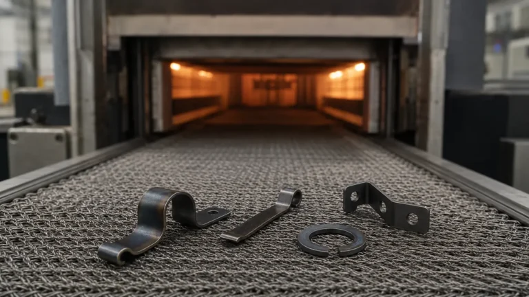 Close-up of formed 65Mn spring clips and brackets beside an industrial furnace