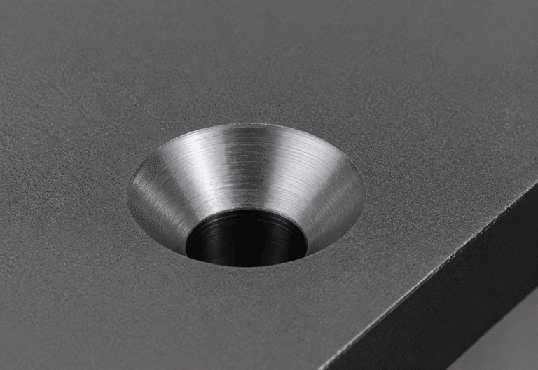 Close-up of a 90-degree countersink hole machined into a metal plate