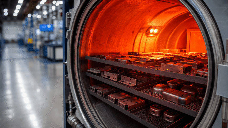 metal parts loaded on racks inside an industrial heat treatment furnace