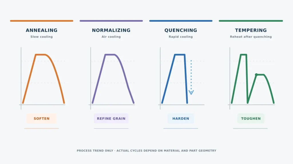 Annealing, normalizing, quenching and tempering heat treatment process comparison