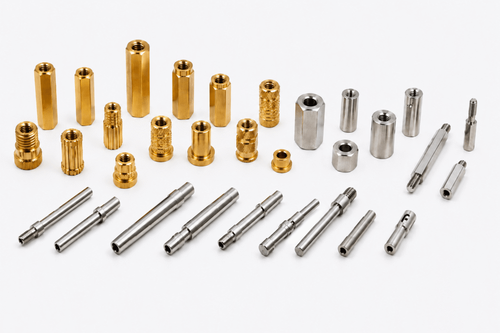 Automatic lathe machined precision turned parts including brass inserts, threaded sleeves, spacers, stainless steel shafts and small metal components