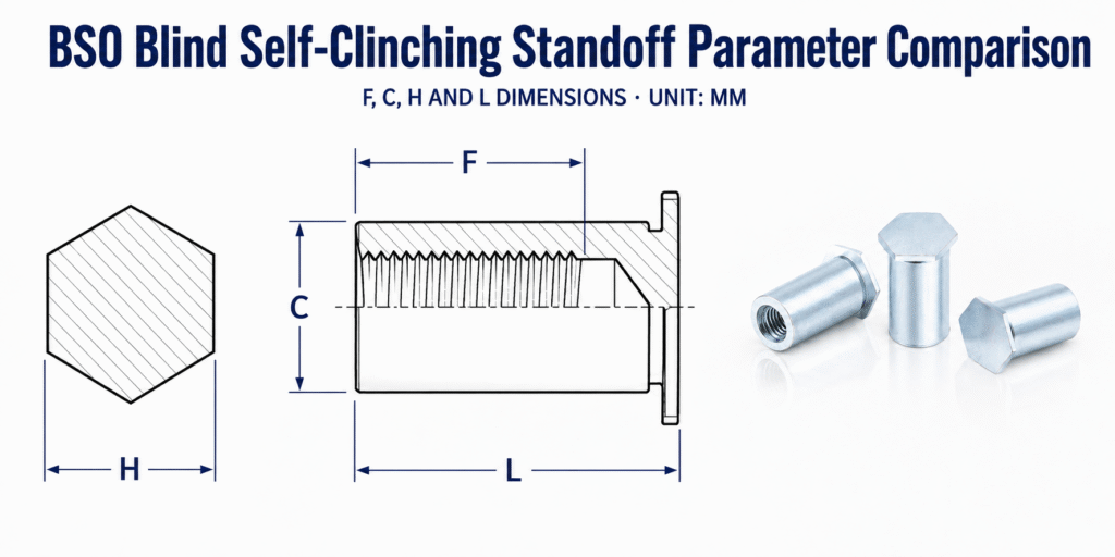 BSO blind self-clinching standoff diagram showing F, C, H and L dimensions with three product views.