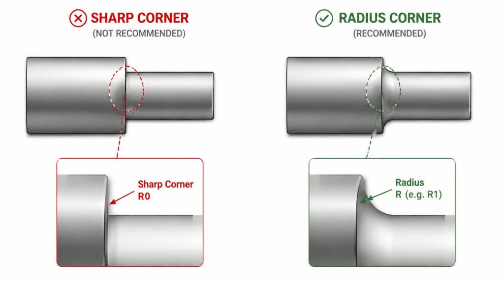 CNC Turning DFM comparison showing a sharp corner and radius corner design on an axial turned part, highlighting improved machinability with a proper radius transition.