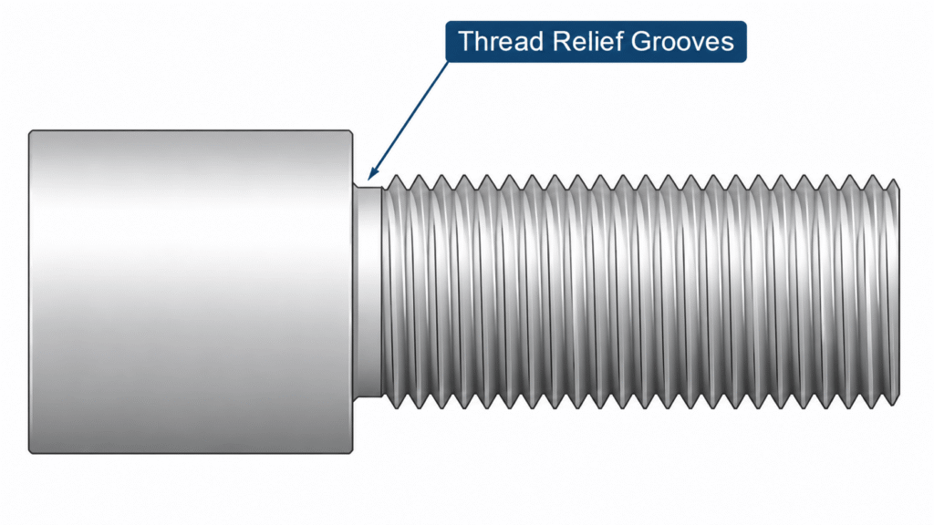 CNC Turning thread relief groove design showing a threaded shaft with a relief groove between the shoulder and thread section to improve machining and thread quality.