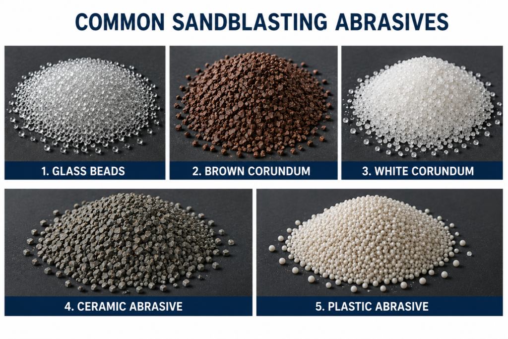 Common sandblasting abrasives: glass beads, brown corundum, white corundum, ceramic abrasive, stainless steel shot, and plastic abrasive.