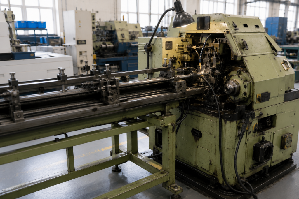 Automatic lathe machining workshop with bar feeder and CNC turning machine for high-volume precision turned parts production