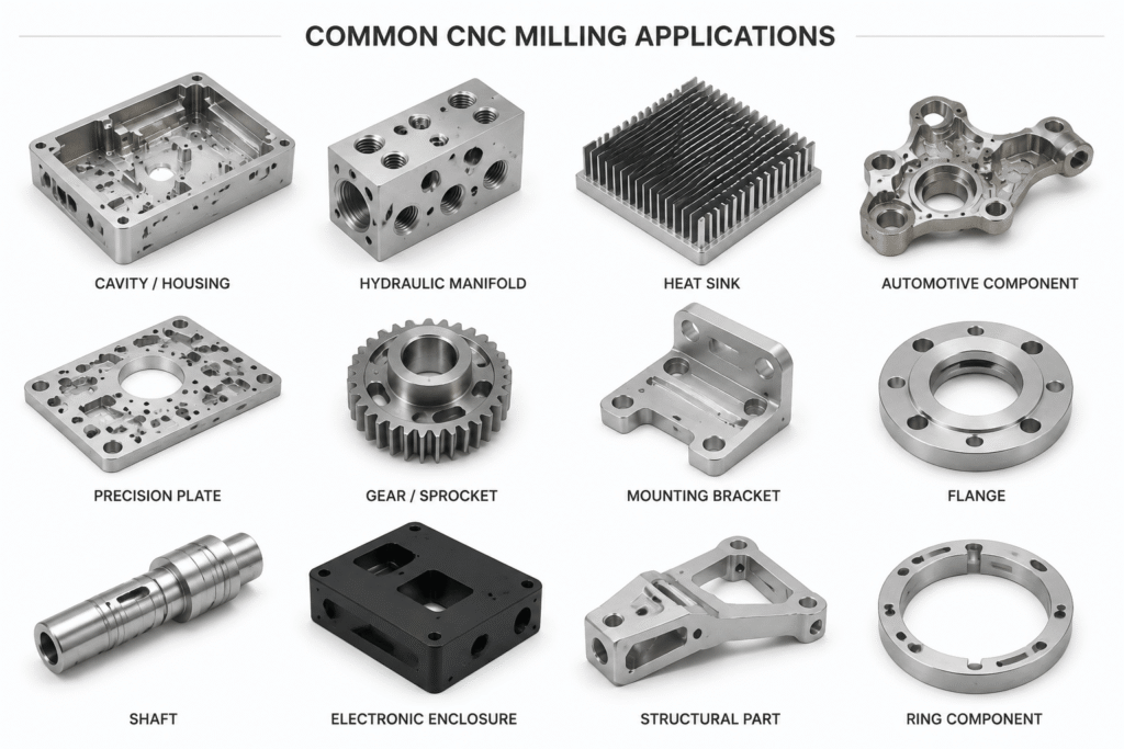 Common CNC milling applications including machined housings, heat sinks, automotive components, brackets, and precision metal parts