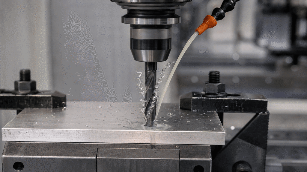 Clamped metal plate undergoing coolant-assisted CNC hole drilling