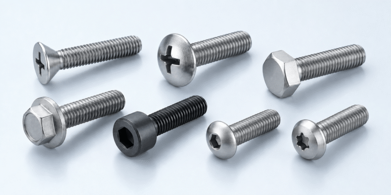 Comparison of countersunk, truss, hex, flange, socket, button and chamfered screw head types