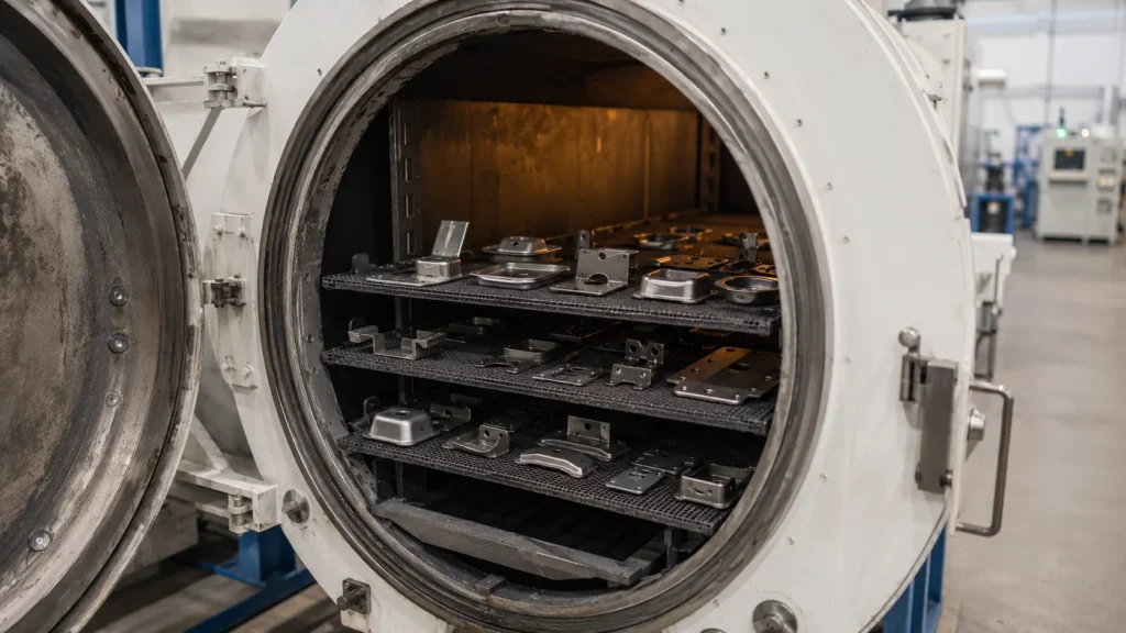 Stamped metal parts loaded on racks inside an industrial heat treatment furnace