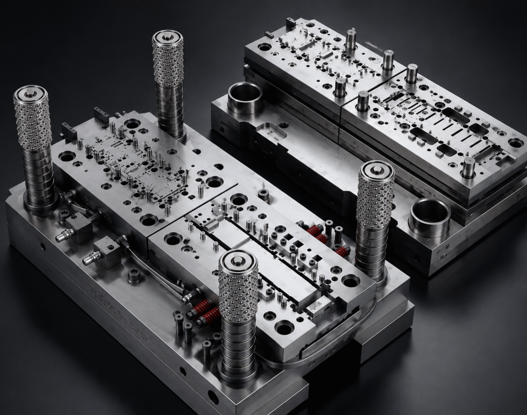 High precision progressive stamping die set with clean metallic structure, showing upper and lower die assembly used for manufacturing electronic precision components with carbide inserts and guide posts