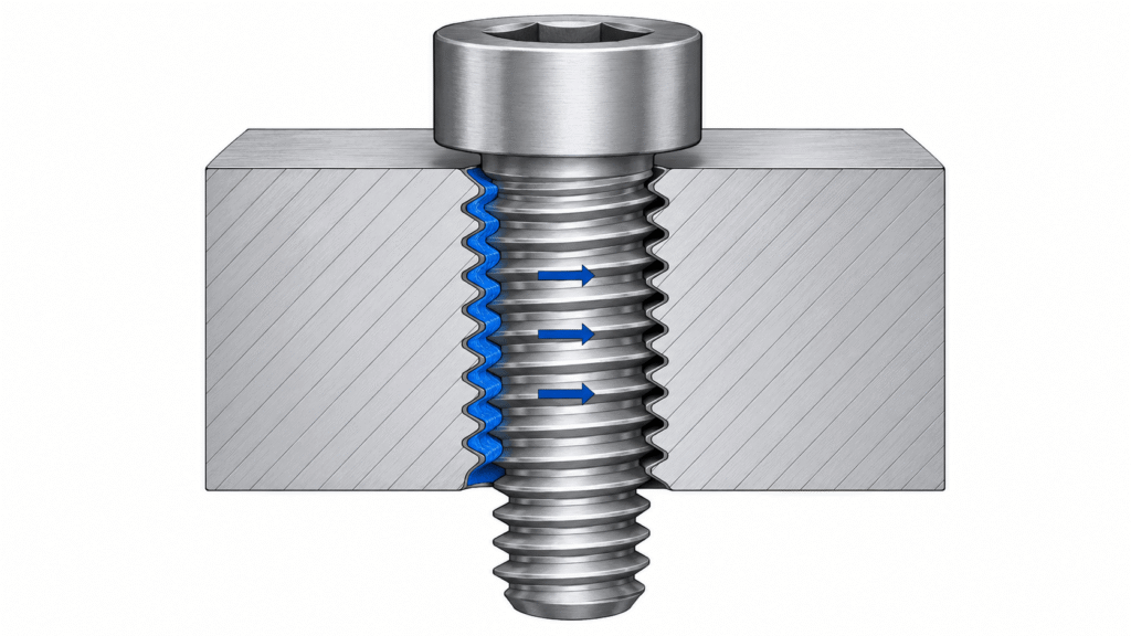 Compressed nylon patch creating prevailing torque and opposite metal thread contact