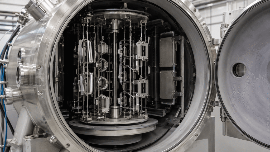 Stainless steel components mounted on rotating fixtures inside an industrial PVD coating vacuum chamber.