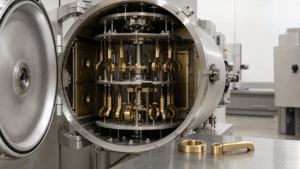 Gold PVD-coated metal components mounted on rotating fixtures inside an industrial vacuum coating chamber