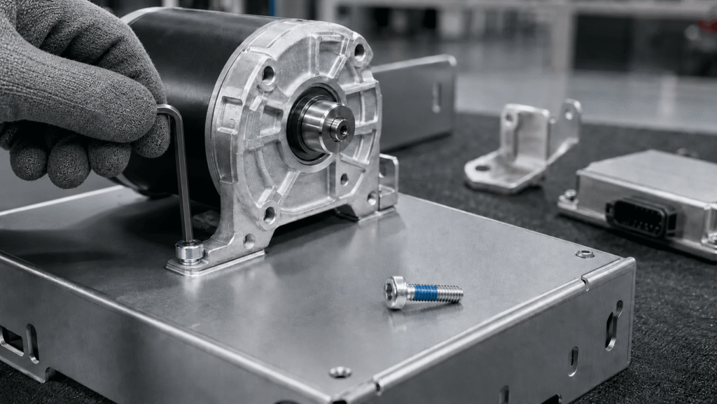 Thread-locking screws used in a motor and formed sheet metal assembly