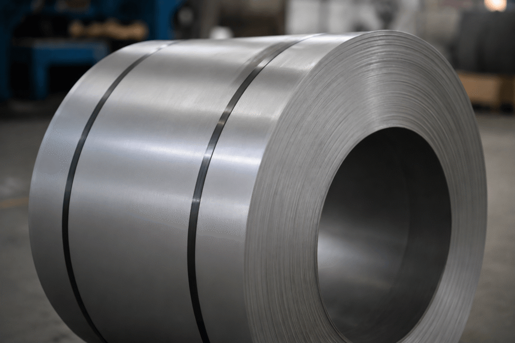 Clean manganese steel coil raw material with a natural metallic surface used for precision stamping and heat treatment applications