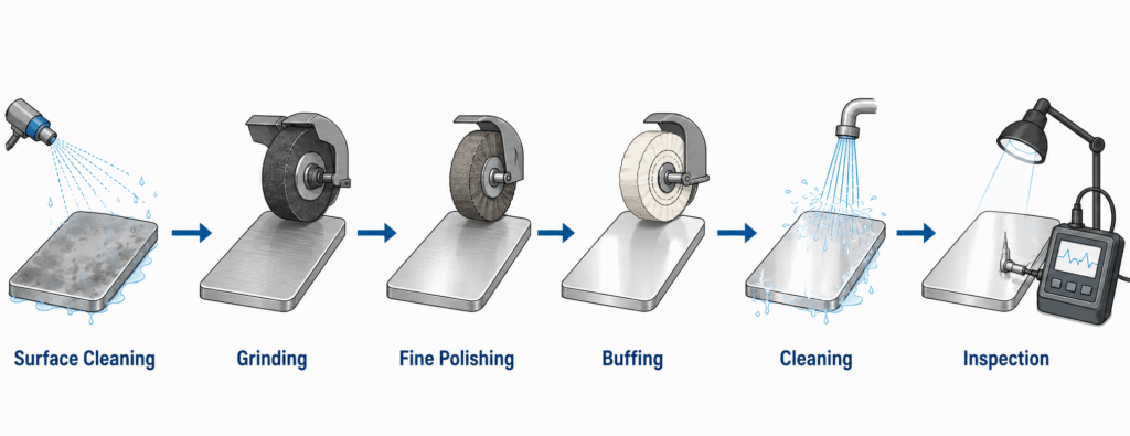 Metal polishing process for a flat steel plate from surface cleaning and grinding to buffing and inspection