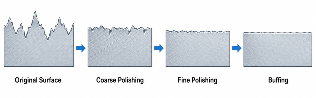 Metal surface peaks becoming smoother through coarse polishing, fine polishing and buffing