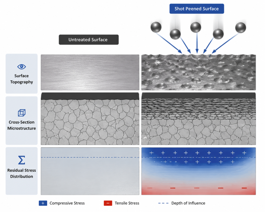 Microscopic comparison of untreated and shot-peened metal surfaces, showing surface dimples, near-surface grain deformation, and residual compressive stress effects.