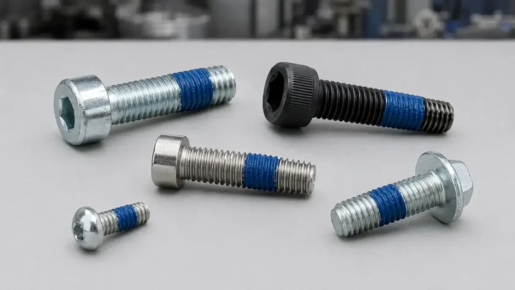 Pre-applied thread-locking screw with a partial blue nylon patch