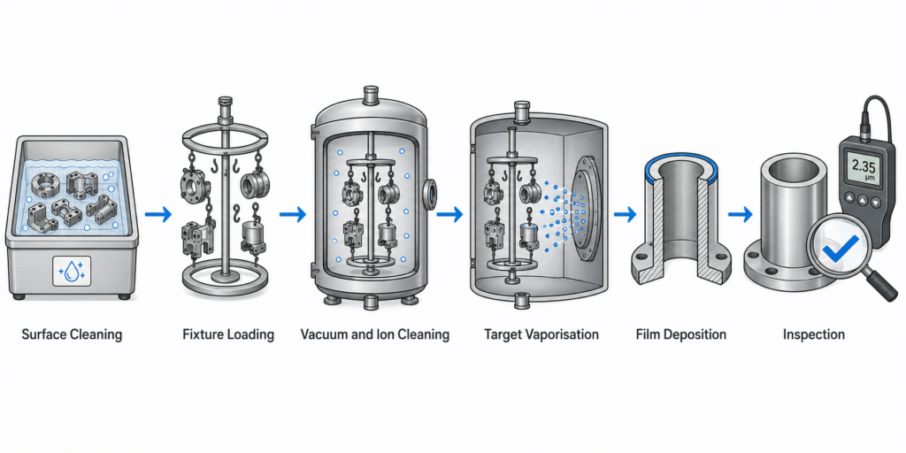 PVD coating process from surface cleaning and fixture loading to vacuum deposition and final inspection