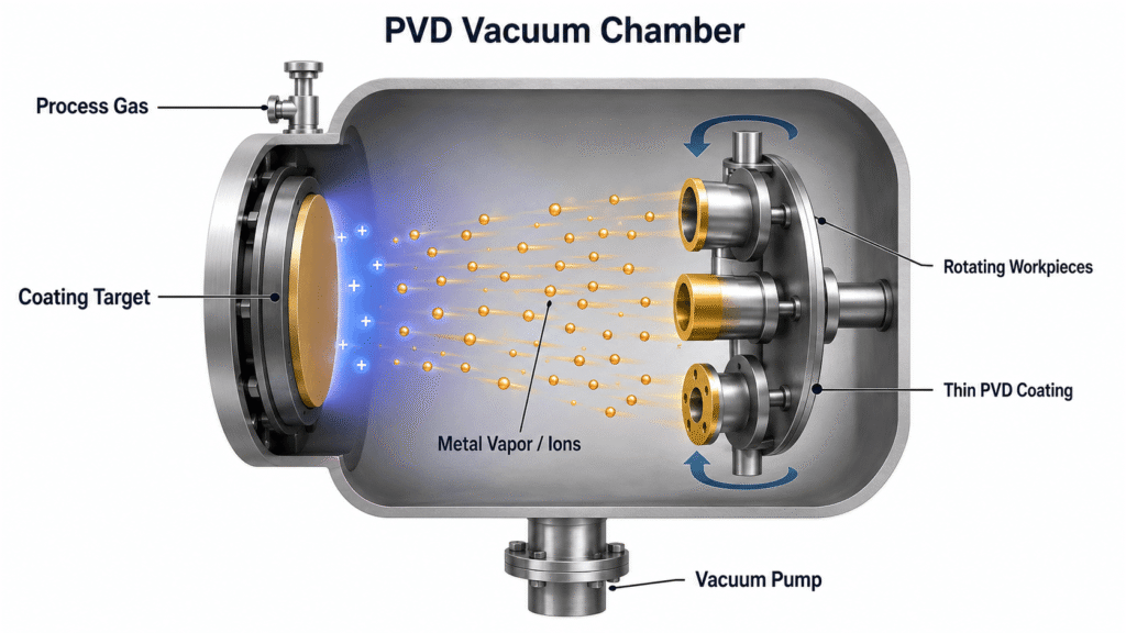 PVD physical vapor deposition diagram showing coating target, metal vapor ions and rotating workpieces inside a vacuum chamber