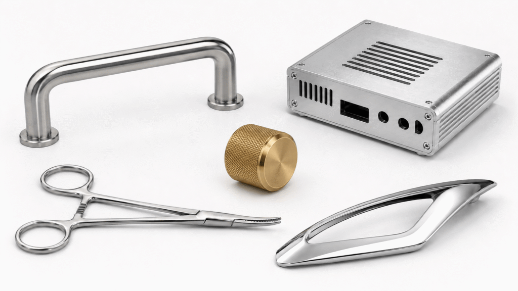 Polished metal parts including a steel handle, aluminium housing, brass knob, medical clamp and automotive trim