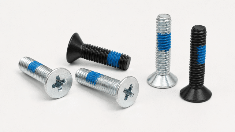 Zinc-plated and black oxide countersunk screws with blue pre-applied thread-locking patches