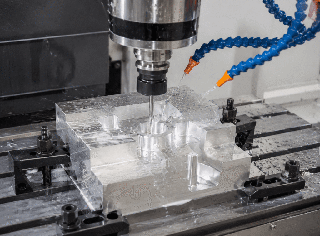 CNC milling machine machining an aluminum workpiece with precision cutting tools and coolant during a manufacturing process