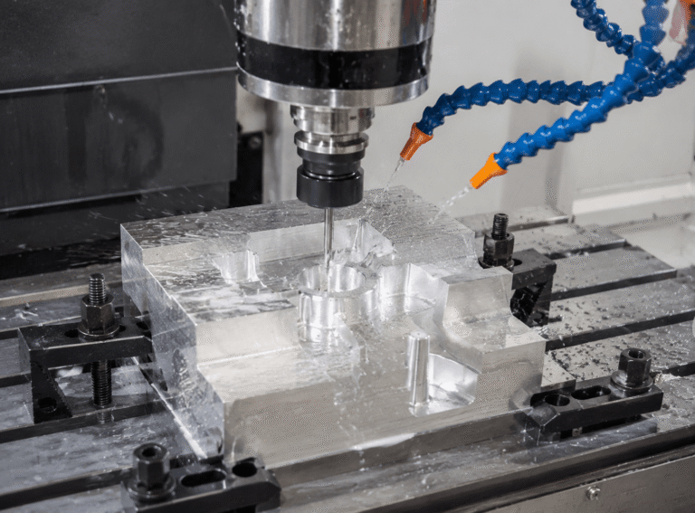 CNC milling machine machining an aluminum workpiece with precision cutting tools and coolant during a manufacturing process