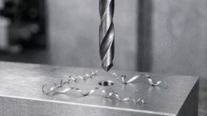 Twist drill aligned above a clean precision-machined hole in an metal plate