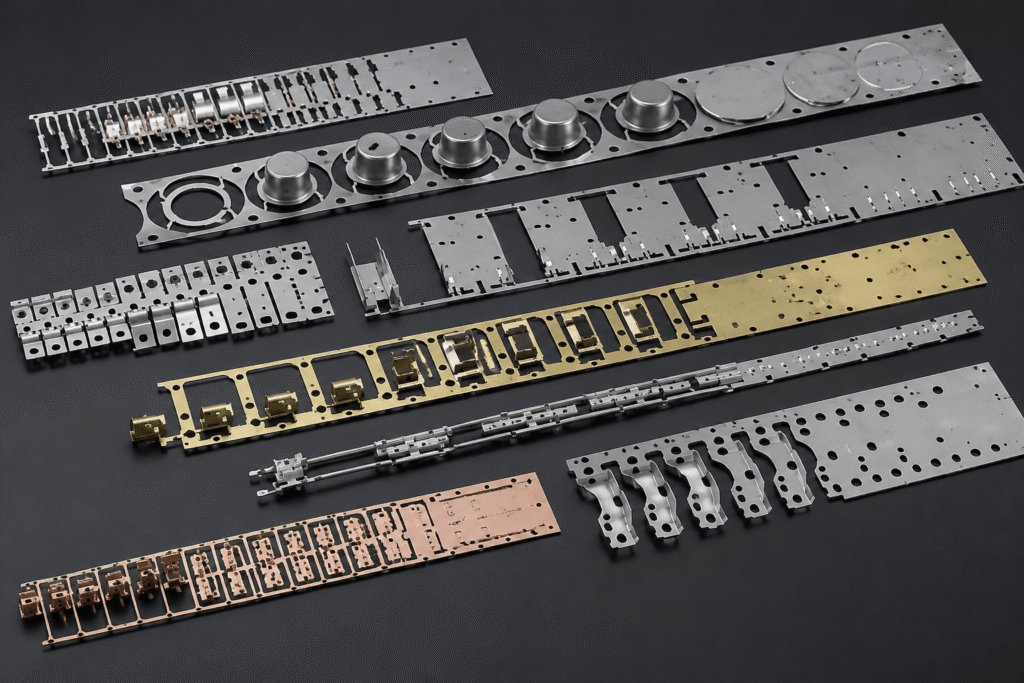 High precision progressive die strip layout showing step-by-step metal stamping process of an electronic clip component from raw strip to final formed parts in industrial manufacturing