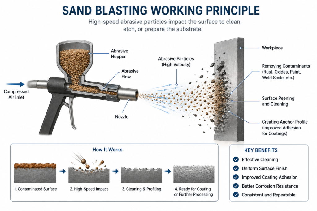 Sandblasting working principle showing compressed air accelerating abrasive particles through a nozzle onto a metal workpiece surface.