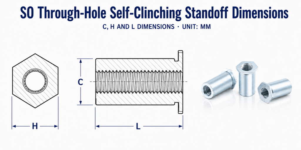 SO through-hole self-clinching standoff diagram showing full internal threads and C, H and L dimensions.