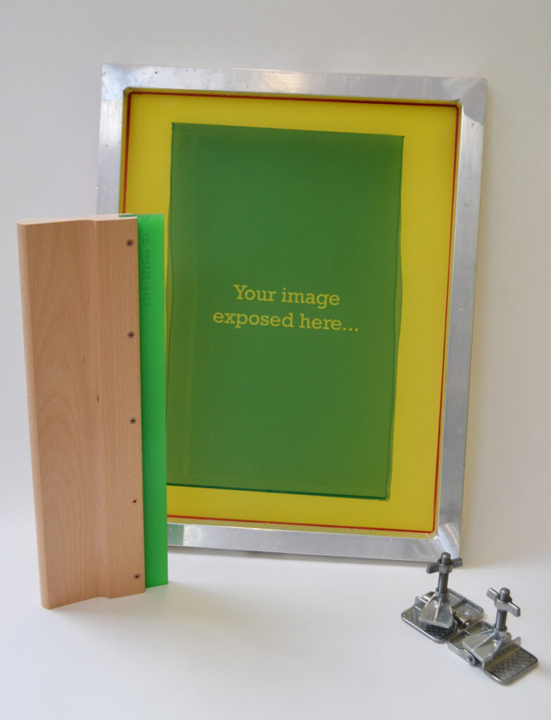Silk screen frame and squeegee prepared for product printing