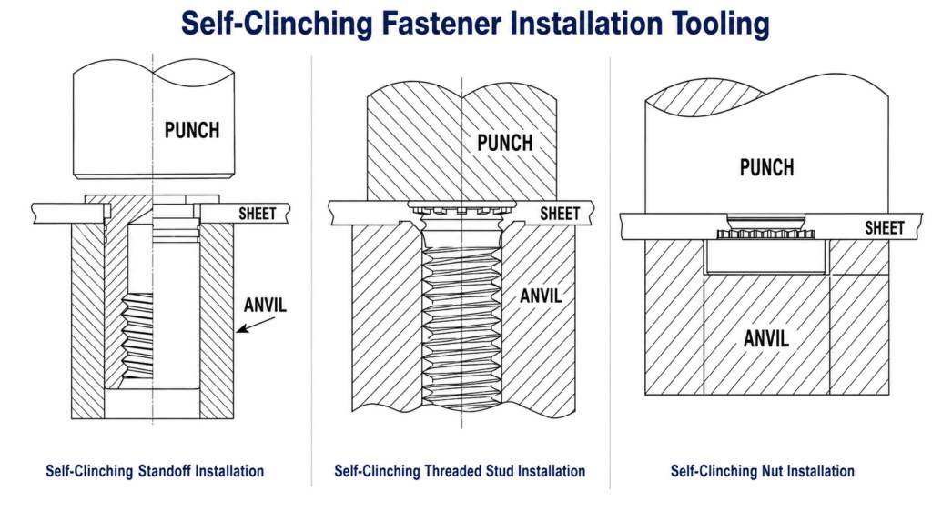 Self-clinching fastener installation tooling diagram showing punch, sheet and anvil setups for standoffs, threaded studs and nuts.