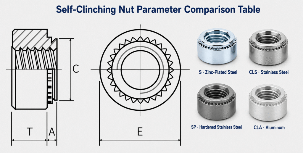 Self-clinching nut dimensions and S, CLS, SP and CLA material types with A, C, E and T measurements.
