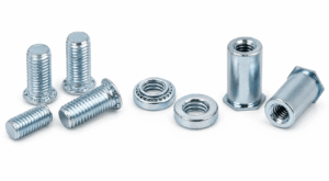 self-clinching nuts, threaded studs and standoffs showing external threads, internal threads and clinching features.
