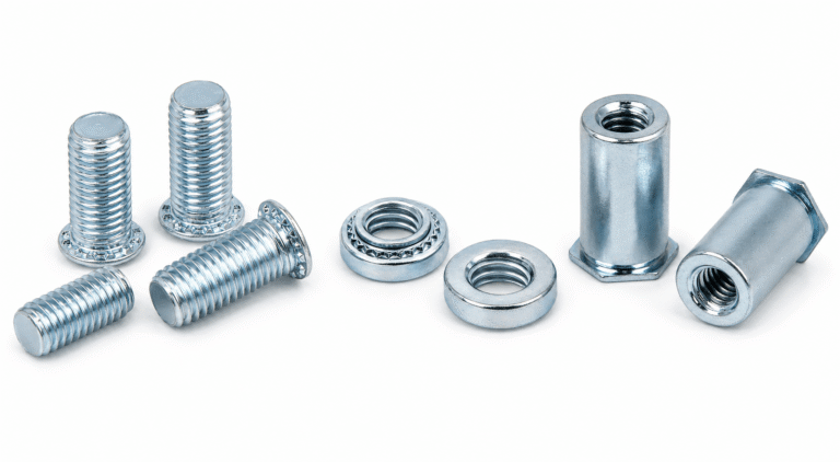 self-clinching nuts, threaded studs and standoffs showing external threads, internal threads and clinching features.